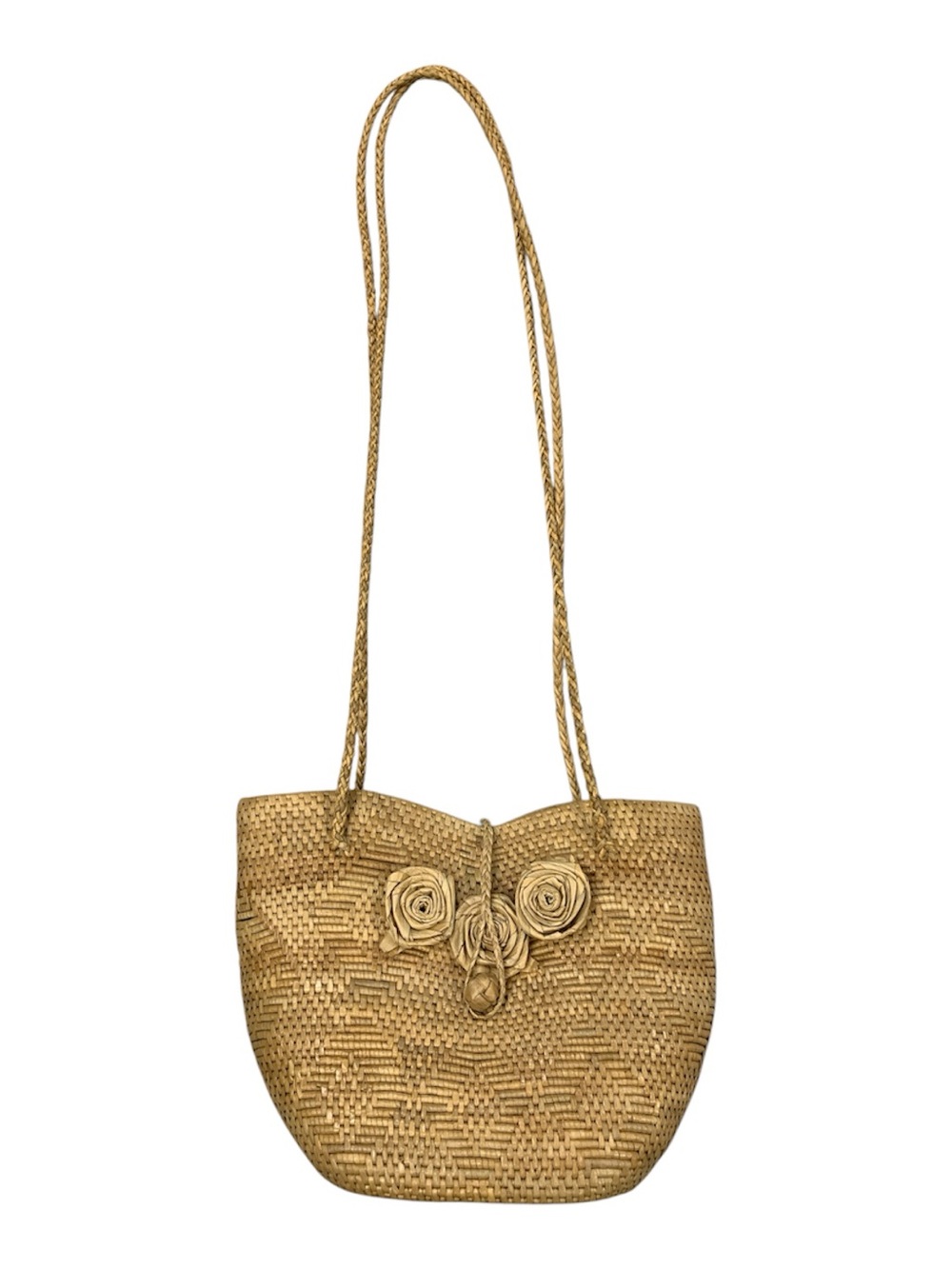 Handwoven Gold Straw Shoulder Bag with Rosette Detail